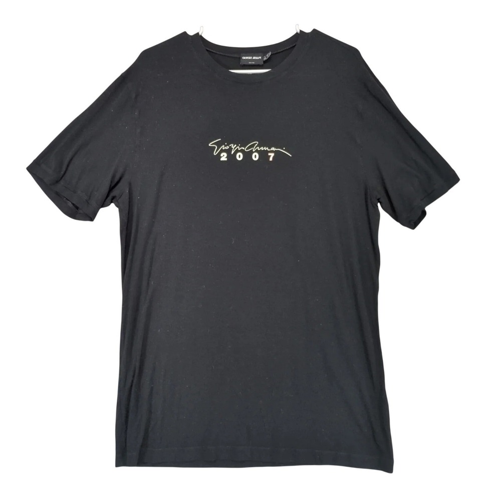 Giorgio Armani 2007 Signature Logo Black T-Shirt Mens L Italian Stretch Flowy